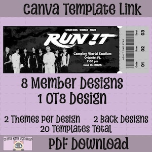 Può includere: Un modello di biglietto per concerto digitale con il testo Stray Kids World Tour Run It, Camping World Stadium, Orlando, FL, 14 giugno 2025, 19:00. Il design include una fotografia in bianco e nero di otto persone e una sezione con codice a barre.