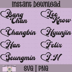 Stray Kids SKZ Member Names with Hearts SVG, PNG file