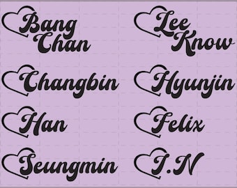 Nomi dei membri degli Stray Kids (SKZ) con cuori in formato SVG / File Kpop per Cricut (Download immediato in formato PNG)