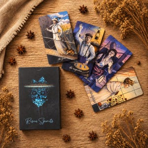 May include: A Risen Spirits tarot deck box featuring a blue skull illustration and four tarot cards displaying vintage-style character artwork. The cards show figures labeled as The Fool, The Magician, and others, with detailed illustrations in muted tones.