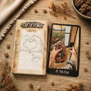 May include: A rectangular tarot deck box with a beige grid background, a line drawing of hands forming a heart, and the text 'Boo Tarot Out of Hand'. Beside it, a tarot card titled '0. The Fool' depicts a person holding a book and keys near a door with a dog.