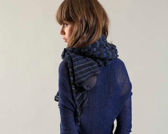 Stylish Blue Scarf, Cozy Soft Cotton Scarf, Bamboo Soy Striped Knit Scarf, Charcoal Black Navy Blue Winter Unisex Hand-Knitted Scarf