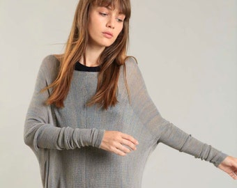 Women's Fog Grey Oversize Knitted Shirt, Winter Layering Knit Tunic Top, Boat Neck Light Sweater, Organic Loose Long Blouse