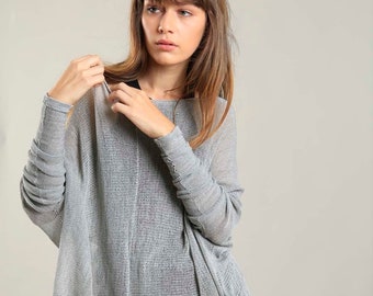 Silver Grey Oversize Knitted Top, Long Sleeves Everyday Loose Light Sheer Sweater, Luxurious Women Blouse, gift for her, wife gift, mom gift