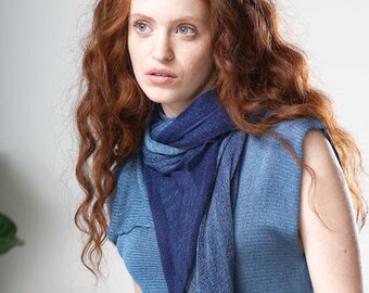 Blue Ombre Soft Scarf, Women's Knitted Bamboo Scarf, Light Vegan Silk Scarf, Minimalist All Year Shawl Wrap, Unique gift for Christmas