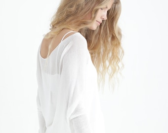 White Loose Knit Shirt, Stylish Organic Women's Knitwear, Casual Spring Top, Long Sleeves Everyday Light Sweater