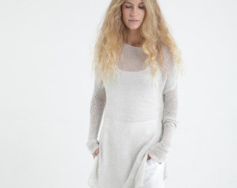 White Sheer Layered Knit Tunic Top, Soft Organic Summer Blouse, Hand-knitted Bohemian Knitwear Lounge Wear For Women