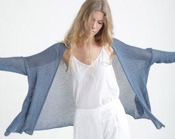 Denim Blue Hand-Knitted "Beka Cardigan" - Loose Light Cotton Cardigan with Pockets, gift for her, mom gift, wife gift