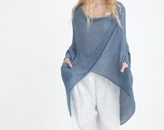 Denim Blue Summer Knit Wrap Cardigan for Women, HandKnit Cardigan Jacket, Boho Chic Blue Cardigan with Pockets and Button Closer