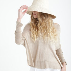 Linen Oversize Sheer Spring Top, Natural Soft Knitted Loose Blouse, Light Beige Sand Hand Knit Top,  Long Sleeve Knit Shirt