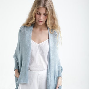 Light Blue Hand Knit Wrap Cardigan, Soft Summer Spring Knit Cardigan Jacket, Women Casual Hippie Baby Blue Cardigan with Buttons & Pockets image 1