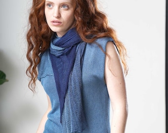 Light Blue Turquoise Ombre Aqua Sheer Wrap Scarf, Women's Knitted Scarf, Light Vegan Silk Scarf, Minimalist All Year Shawl Scarf