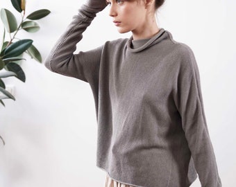 Gray Smoke Turtleneck Hand Knitted Sweater, Long Sleeves Loose Fit Turtleneck, Soft Hypoallergenic Soy Cotton Knitwear