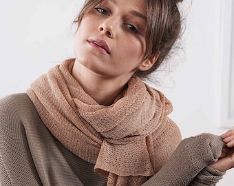 Large Knit Beige Scarf, Oversized Lightweight Handmade soft scarf, All Year Stylish Scarf, unisex scarf, unique gift for him or for her
