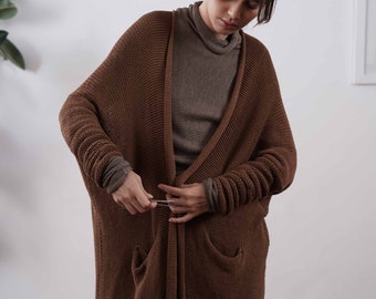 Cognac Brown Cardigan Hand Knit Sweater For Women, Soft Breathable Cotton Soy Cardigan, Cardigan Jacket With Pockets, Eco Friendly Clothing