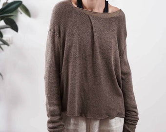 Dark Brown Loose Fit Knit Sweater, Light Long Sleeve Knitted Sweater, Flattering Organic Women Knitwear, Cozy Handmade Vegan Top