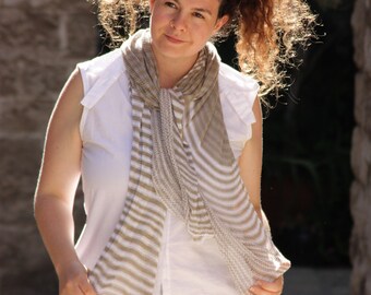 White Gray Light Striped Scarf, Bamboo Vegan Silk Summer Scarf, Organic Fashion, Eco Friendly ,Natural Woman Scarf