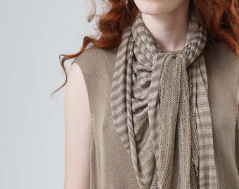 Brown Tan Striped Knit Scarf, Luxury Soft Scarf For Women, Cozy Knit Bamboo Scarves, Everyday Scarf Wrap, Delicate Boho Scarf