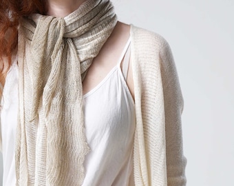 Two-Tone Ivory Cream Summer Shawl Wrap, 100% Bamboo Soft Long Evening Cover Up, Women Hand-Knitted Light Silky Kerchief, All-Season Scarf