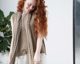 Brown Tan Striped Knit Scarf, Luxury Soft Scarf For Women, Cozy Knit Bamboo Scarves, Everyday Scarf Wrap, Delicate Boho Scarf