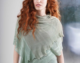 100% Bamboo Hand Knitted Sage Green Women Shawl Wrap, Light Vegan Silky Scarf