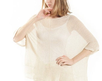 Designer Off White Sheer Blouse, Hand Knitted Ivory Summer Sweater, Loose Knitted Tunic, Organic Cotton Sweater, unique gift for mom