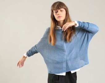 Dusty Blue Boat Neck Oversize Knitted Shirt with Long Sleeves, Sweater Top, Sky Blue Winter Blouse, Layered Top, gift for her, wife gift