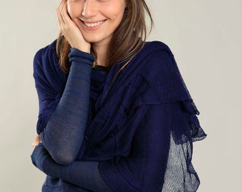 Knit dark blue Pashmina, Bamboo vegan silk Scarf, Blue Knit shawl, Big wrap, beautiful scarf, gift for her, wife / girlfriend gift, mom gift