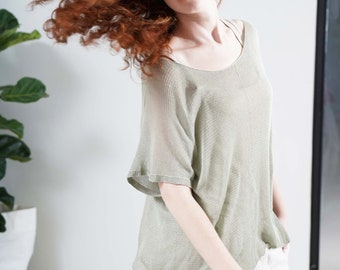 Designer Sage Green Sheer Blouse, Hand Knitted Green Summer Sweater, Loose Knitted Tunic, Organic Cotton Sweater, unique gift for mom