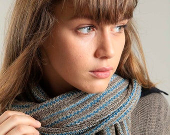 Casual Striped Knit Scarf, Teal and Dark Taupe Neck Scarf, Soft Cozy Cotton Scarf, Designer Luxury Travel Scarf, Hand Knit Sustainable Scarf