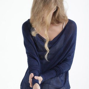 Navy Blue Loose Knit Shirt, Stylish Organic Women Knitwear, Casual Spring Top, Long Sleeves Everyday Light Sweater image 5