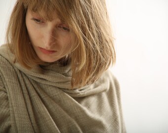 Beige Hand Knitted Luxury Soft Bamboo Wrap Shawl, Eco Friendly Sustainable Sand Knit Scarf, perfect gift for her