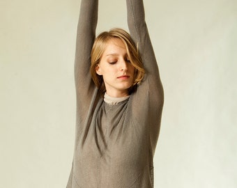 Sheer Loose Gray Shirt, Hand Knit Cotton Soy Top,  Women Fall Spring Wear