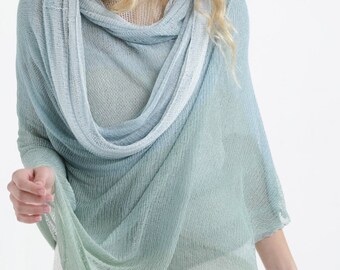 Light Blue Mint Ombre Aqua Sheer Knit Shawl, Bamboo Summer Scarf