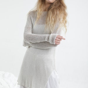 Tunic Knit Sweater, Crochet Sweater, Loose knit Sweater, Bohemian Lounge wear Taupe, Vegan gift, gift for her, wife gift, girlfriend gift White