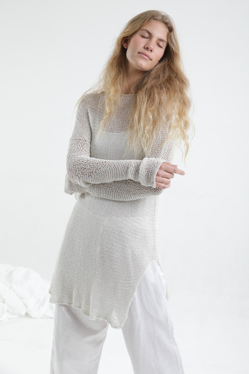 Tunic Knit Sweater, Crochet Sweater, Loose knit Sweater, Bohemian Lounge wear Taupe, Vegan gift, gift for her, wife gift, girlfriend gift White