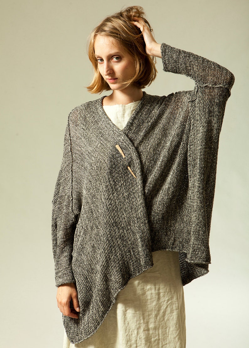 Chunky Gray Sweater, Hand Knitted Cardigan, Women Casual Oversize Sweaters with pockets image 2