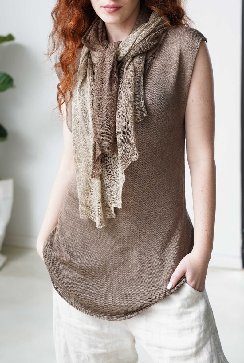 3 Tones Earth Colors Natural Soft Bamboo Scarf, Women Hand Knit Scarf, Long Warm Light Organic Brown-Tan Scarf Wrap, Gift For Her image 3