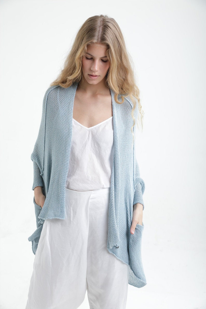 Light Blue Hand Knit Wrap Cardigan, Soft Summer Spring Knit Cardigan Jacket, Women Casual Hippie Baby Blue Cardigan with Buttons & Pockets image 1