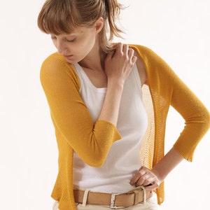 Short Yellow Mustard Knitted Cardigan, Bolero Shrug, Women&#39;s Cropped Cardigan, Elegant Urban Cardigan, Open Knitted Sweater 3/4 Sleeve
