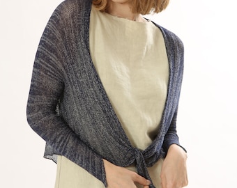 sheer navy blue bolero, long sleeves, Short Knitted Cardigan, handmade Shrug, Stylish Sustainable Organic Clothing