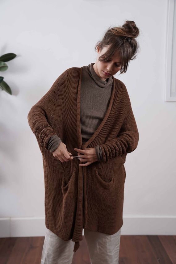 Cognac Brown Cardigan Hand Knit Sweater for Women, Soft Breathable Cotton  Soy Cardigan, Cardigan Jacket With Pockets, Eco Friendly Clothing 