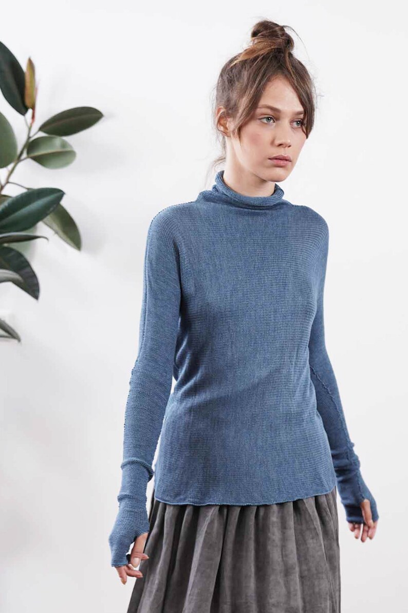Light Blue Knitted Turtleneck Jumper Women Casual Soft Etsy