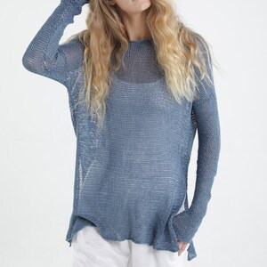 Tunic Knit Sweater, Crochet Sweater, Loose knit Sweater, Bohemian Lounge wear Taupe, Vegan gift, gift for her, wife gift, girlfriend gift Blue