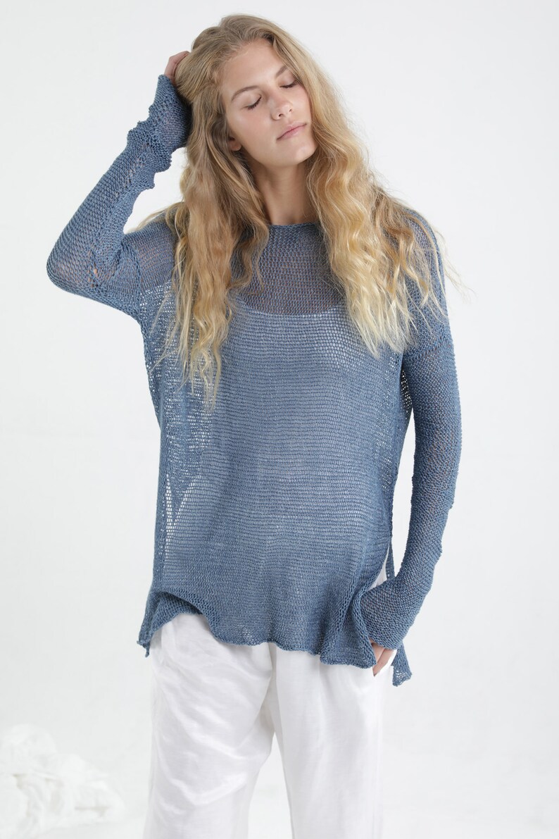 Tunic Knit Sweater, Crochet Sweater, Loose knit Sweater, Bohemian Lounge wear Taupe, Vegan gift, gift for her, wife gift, girlfriend gift Blue