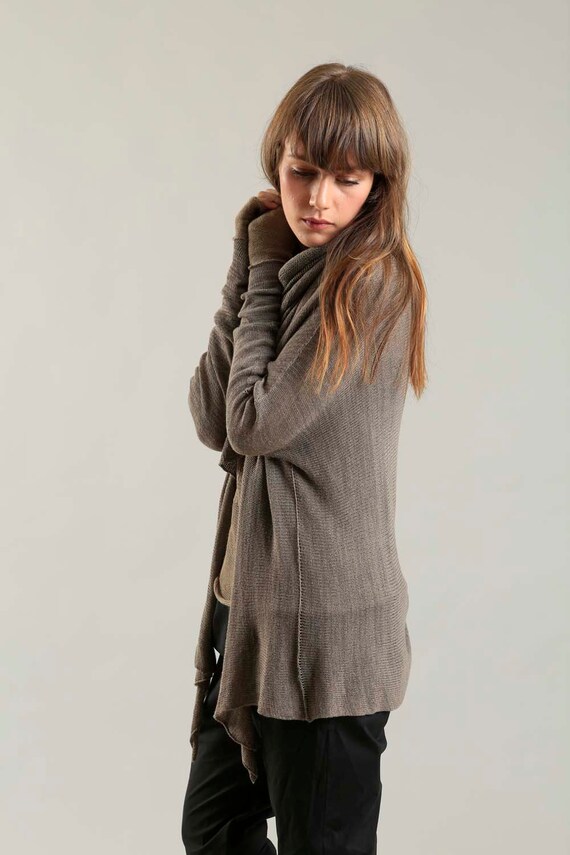 Women Taupe Open Knit Cardigan Hand 