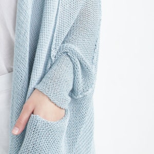 Light Blue Hand Knit Wrap Cardigan, Soft Summer Spring Knit Cardigan Jacket, Women Casual Hippie Baby Blue Cardigan with Buttons & Pockets image 3