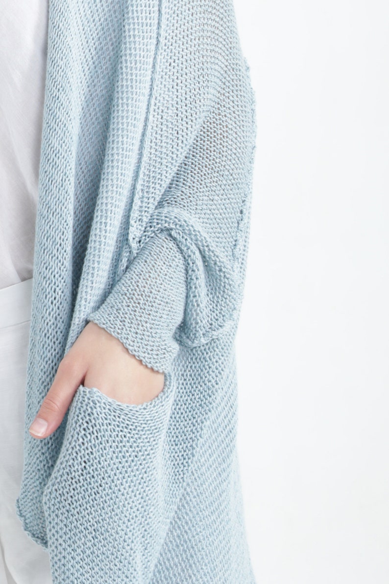 Light Blue Hand Knit Wrap Cardigan, Soft Summer Spring Knit Cardigan Jacket, Women Casual Hippie Baby Blue Cardigan with Buttons & Pockets image 3