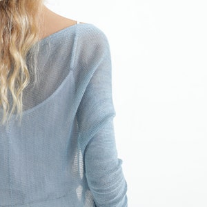 Op de afbeelding: Een lichtblauwe, doorschijnende gebreide trui met lange mouwen. De trui wordt gedragen over een witte top en gecombineerd met een strohoed. De afbeelding is van achteren genomen en toont de textuur en de drape van het kledingstuk.