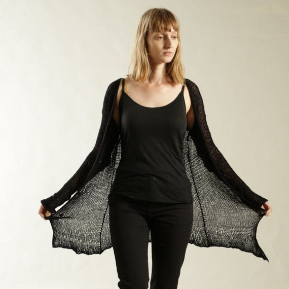 Light Sheer Black Cardigan, Trendy Hand Knit Soft Evening Cardigan, Loose Open  Cardigan With Buttons -  Canada